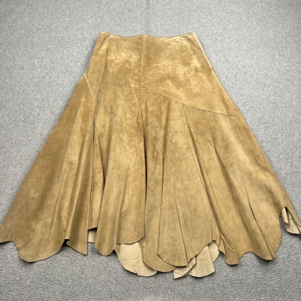 Two Star Dog Suede Leather Skirt Womens Medium Beige Asym Hem Paneled Boho Midi